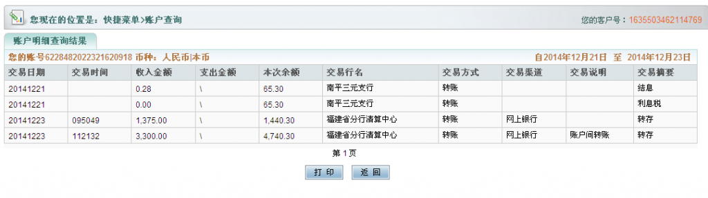 12月23日泉州晨曦公司匯款3300元至農行卡